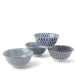 MIYA Company Blue and white assorted patterns on four ceramic bowl set made in Japan available at Miya. Outlet