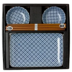 MIYA Company Blue and white cross pattern sushi set for two made in Japan available at Miya. New