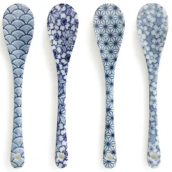 MIYA Company Blue and White Japanese Pattern Dessert Spoon Set Available at Miya. New