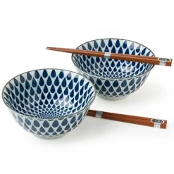 MIYA Company Blue and white rain pattern bowl set with chopsticks made in Japan available at Miya. Discount