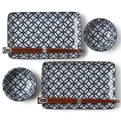 MIYA Company Blue and white shippou pattern on a ceramic sushi for two set made in Japan available at Miya. Clearance