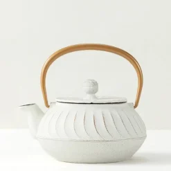 MIYA Company Cast Iron Teapot White Wave Gold Handle Discount