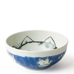 MIYA Company Fortune Cat 6.25" Blue Ceramic Bowl made in Japan available at Miya. Hot