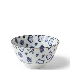 MIYA Company Maneki Neko Fortune Cat Pattern Blue and White Bowl Made in Japan Available at Miya.