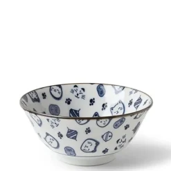 MIYA Company Maneki Neko Fortune Cat Pattern Blue and White Bowl Made in Japan Available at Miya. Outlet