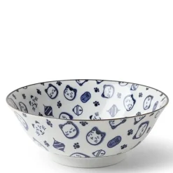 MIYA Company Maneki Neko Fortune Cat Pattern Blue and White Bowl Made in Japan Available at Miya. New