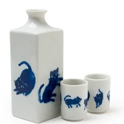 MIYA Company Midnight blue cat sake set featuring playful cats made in Japan available at Miya. Online
