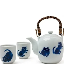 MIYA Company Midnight Blue Cat tea set with playful cats made in Japan available at Miya. Sale