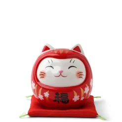 MIYA Company Red ceramic fortune cat dressed as a daruma for double the luck made in Japan. Outlet