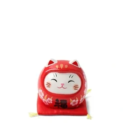 MIYA Company Red ceramic fortune cat dressed as a daruma for double the luck made in Japan. New