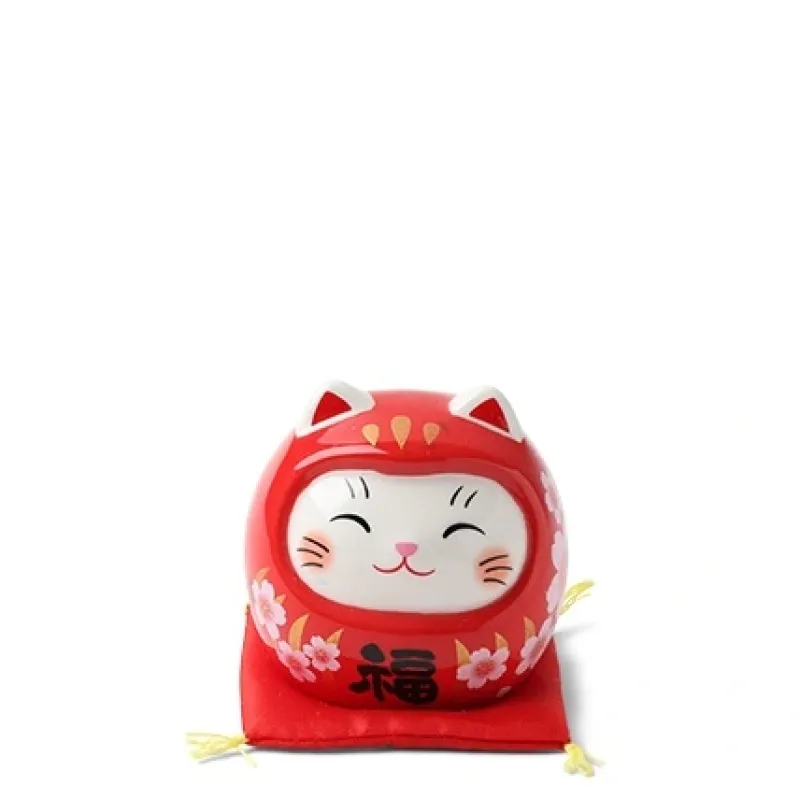 MIYA Company Red ceramic fortune cat dressed as a daruma for double the luck made in Japan. New
