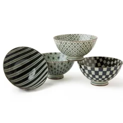 MIYA Company Retro Black & White 4.5" Rice Bowl Set New